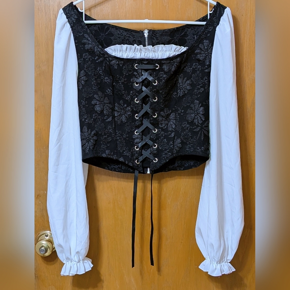 Black Lace-Up Corset and White Long Sleeve Ruffled Top Women's Blouse, Size L